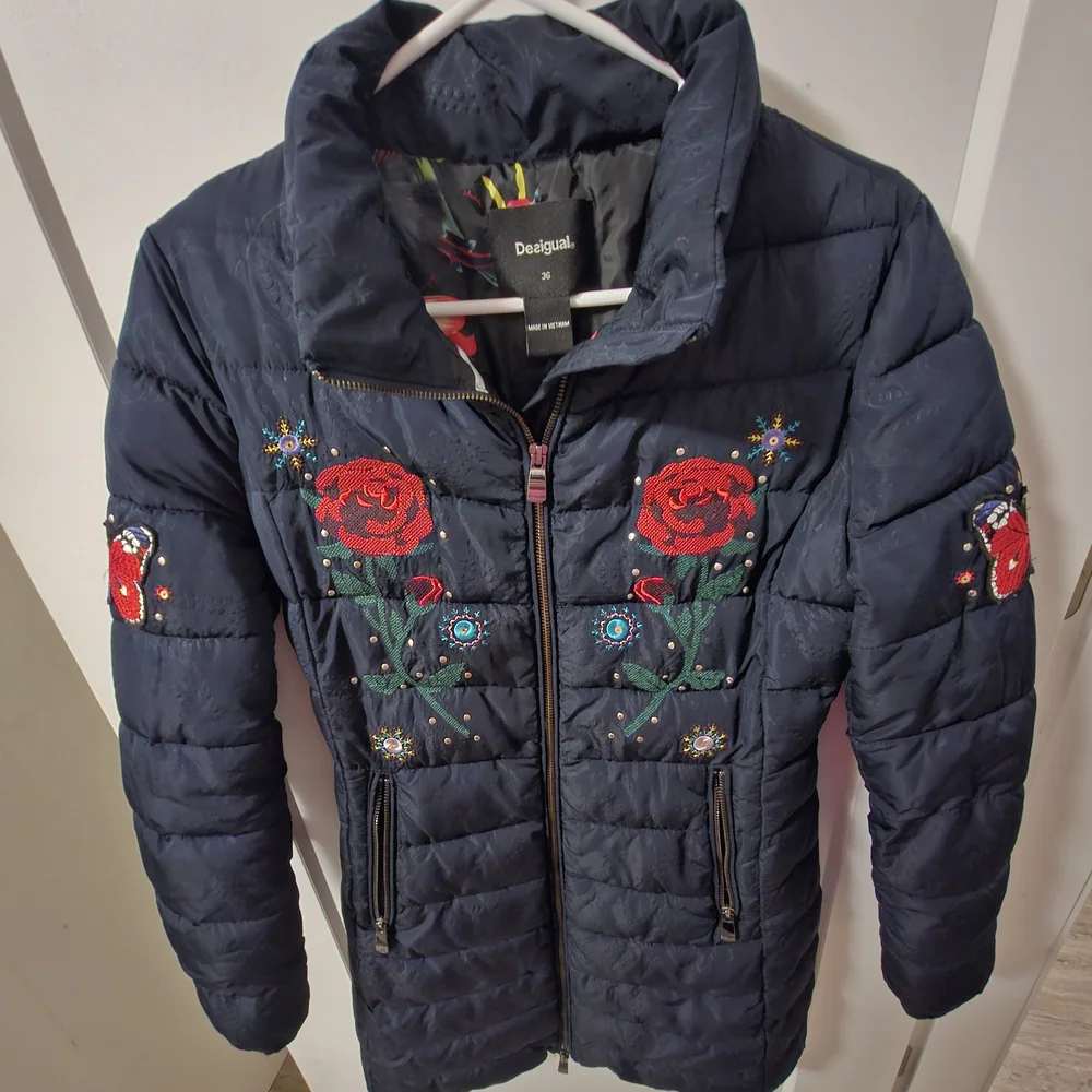 Desigual Navy Puffer Jacket with Red Rose Embroidery - Picture 3 of 11
